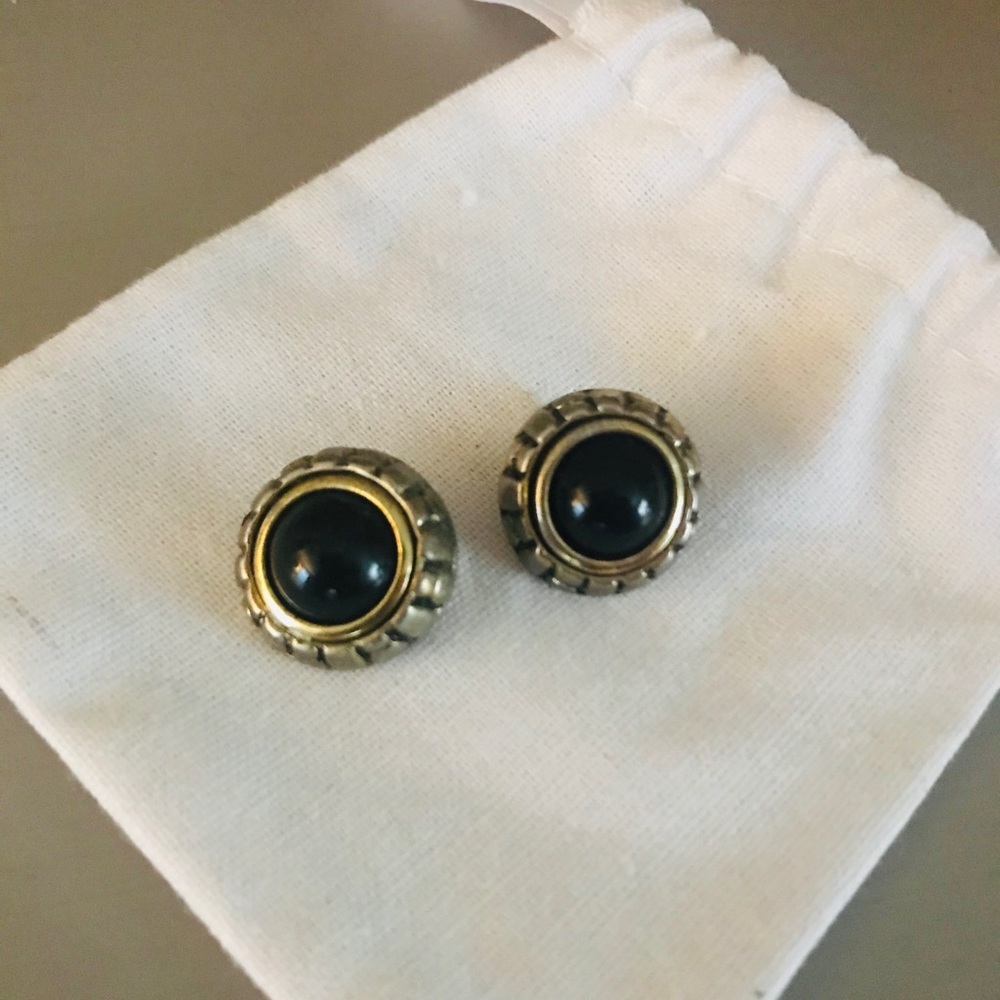 Large black stone and gold circle earrings